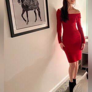 Herve Leger Vibrant Red Long Sleeve Dress